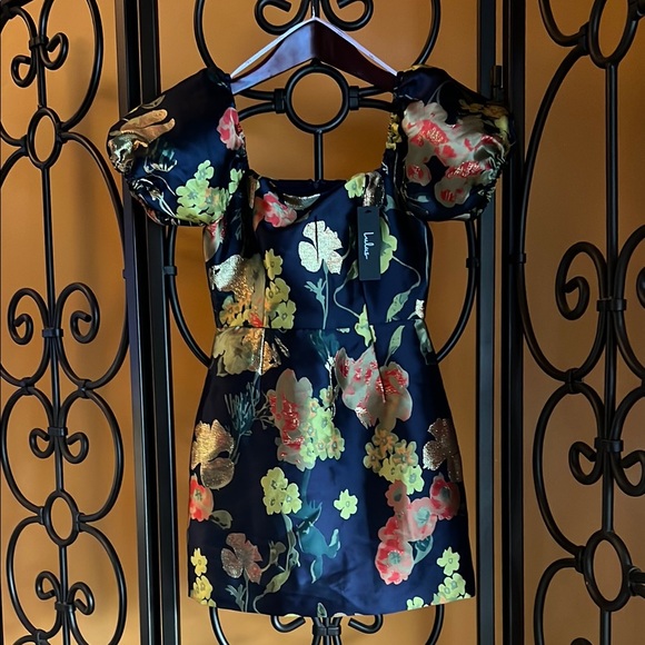 LULU’S “So Stunning Navy Blue Floral Jacquard Puff Sleeve Mini Dress” - Picture 3 of 16